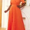 Women's Plus Size Curve Party Dress Work Dress Swing Dress Plain Long Dress Maxi Dress Short Sleeve Pleated Shirt Collar Fashion Party Orange Fall Winter XL XXL 3XL 4XL