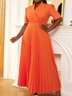 Women's Plus Size Curve Party Dress Work Dress Swing Dress Plain Long Dress Maxi Dress Short Sleeve Pleated Shirt Collar Fashion Party Orange Fall Winter XL XXL 3XL 4XL