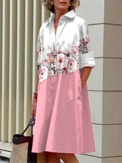 Women's Shirt Dress Casual Dress Midi Dress Outdoor Daily Date Satin Fashion Modern Shirt Collar Button Pocket Long Sleeve Fall Winter 2023 Loose Fit Yellow Pink Blue Floral S M L XL XXL