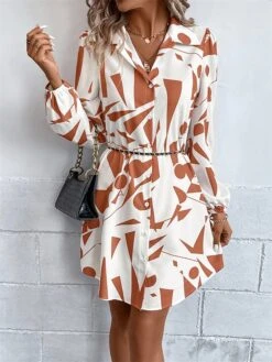 Women's Shirt Dress Casual Dress Mini Dress Outdoor Daily Vacation Polyester Fashion Modern Shirt Collar Button Print Long Sleeve Spring Fall Winter 2023 Loose Fit Black Orange Geometric S M L XL -HAYz Clothing Shop ykcovy1692343069766
