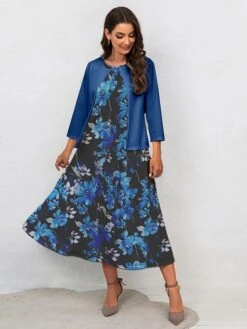 Women's Two Piece Dress Set Casual Dress Swing Dress Outdoor Office Fashion Streetwear Print Midi Dress Crew Neck 3/4 Length Sleeve Floral Regular Fit Navy Blue Royal Blue Blue Fall Winter S M L XL -HAYz Clothing Shop ykgmxq1697770548183