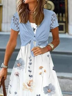 Women's Two Piece Dress Set Casual Dress Swing Dress Outdoor Daily Fashion Elegant Lace Up Lace Long Dress Maxi Dress Crew Neck Short Sleeve Floral Regular Fit Blue Summer Spring S M L XL XXL -HAYz Clothing Shop ylcint1684152023210