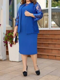 Women's Plus Size Two Piece Dress Set Party Dress Lace Dress Party Wedding Guest Fashion Elegant Lace Patchwork Midi Dress Crew Neck 3/4 Length Sleeve Plain Regular Fit Blue Fall Winter L XL XXL 3XL
