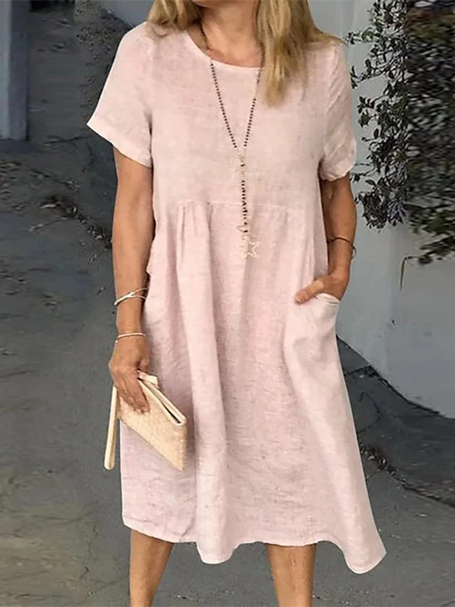 Women's Casual Dress Cotton Linen Dress Shift Dress Midi Dress Cotton Blend Basic Casual Daily Holiday Vacation Crew Neck Pocket Short Sleeve Summer Spring 2023 Loose Fit White Pink Blue Pure Color S 3 Women's Casual Dress Cotton Linen Dress Shift Dress Midi Dress Cotton Blend Basic Casual Daily Holiday Vacation Crew Neck Pocket Short Sleeve Summer Spring 2023 Loose Fit White Pink Blue Pure Color S - Image 3