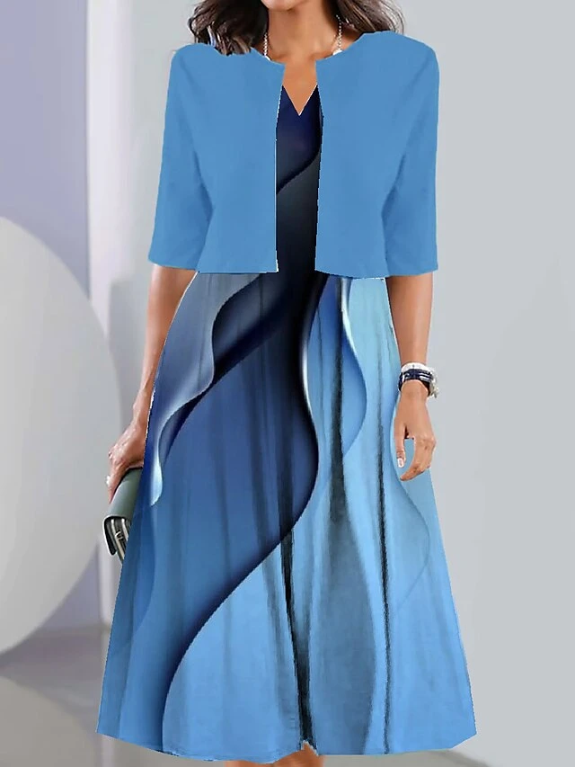 Women's Two Piece Dress Set Casual Dress Print Dress Outdoor Daily Fashion Elegant Print Midi Dress V Neck Half Sleeve Geometric Color Block Regular Fit Black White Navy Blue Summer Spring S M L XL 5 Women's Two Piece Dress Set Casual Dress Print Dress Outdoor Daily Fashion Elegant Print Midi Dress V Neck Half Sleeve Geometric Color Block Regular Fit Black White Navy Blue Summer Spring S M L XL - Image 5