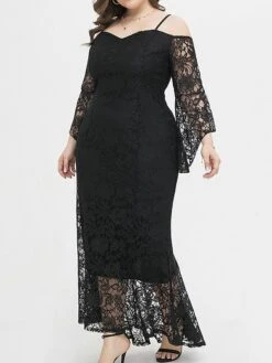Women's Plus Size Prom Dress Party Dress Lace Dress Long Dress Maxi Dress Black Pink Wine Long Sleeve Pure Color Lace Spring Fall Winter Cold Shoulder Fashion Wedding Guest Birthday Evening Party 2023 -HAYz Clothing Shop ylwmfo1693535467596