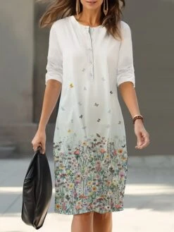 Women's Shirt Dress Casual Dress Cotton Linen Dress Midi Dress Polyester Fashion Casual Daily Outdoor Daily Vacation Crew Neck Button Print 3/4 Length Sleeve Spring Fall Autumn 2023 Loose Fit Light -HAYz Clothing Shop ymcndj1693367524936