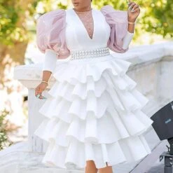 Women's Plus Size Curve Party Dress Solid Color Crew Neck Layered Long Sleeve Winter Fall Vintage Prom Dress Midi Dress Party Date Dress