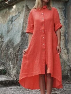 Women's Shirt Dress Casual Dress Cotton Dress Midi Dress Cotton Classic Casual Outdoor Daily Vacation Shirt Collar Ruched Button Long Sleeve Fall Winter Autumn 2023 Regular Fit Pink Red Navy Blue -HAYz Clothing Shop ymdenk1693823271226