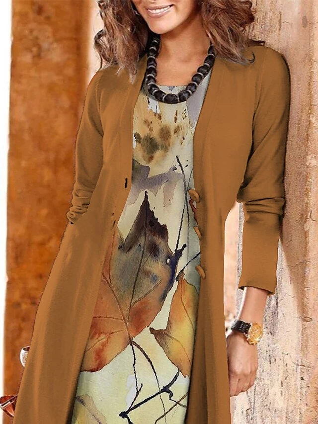 Women's Two Piece Dress Set Casual Dress Print Dress Outdoor Daily Fashion Modern Print Midi Dress Crew Neck Long Sleeve Leaf Regular Fit Brown Fall Winter S M L XL XXL 2 Women's Two Piece Dress Set Casual Dress Print Dress Outdoor Daily Fashion Modern Print Midi Dress Crew Neck Long Sleeve Leaf Regular Fit Brown Fall Winter S M L XL XXL - Image 2
