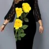 Women‘s Plus Size Curve Lace Dress Work Dress Sheath Dress Floral Midi Dress Long Sleeve Mesh Patchwork Crew Neck Fashion Outdoor Black Spring Summer L XL XXL 3XL 4XL