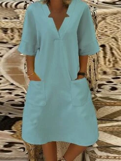Women's Casual Dress Cotton Linen Dress A Line Dress Mini Dress Linen Daily Classic Outdoor Daily Holiday V Neck Pocket Half Sleeve Summer Spring 2023 Loose Fit Yellow Pink Blue Plain S M L XL -HAYz Clothing Shop ymiugb1685950669820