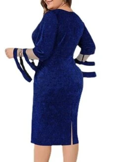 Women‘s Plus Size Curve Party Dress Solid Color V Neck Mesh Long Sleeve Fall Spring Elegant Prom Dress Midi Dress Formal Party Dress -HAYz Clothing Shop ymiwyi1680835595817