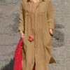 Women's Shirt Dress Casual Dress Cotton Linen Dress Maxi Long Dress Linen / Cotton Blend Fashion Daily Outdoor Daily Vacation Shirt Collar Button Pocket Long Sleeve Fall Autumn 2023 Loose Fit Blue