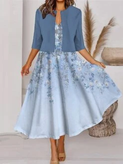 Women's Two Piece Dress Set Casual Dress Tank Dress Outdoor Daily Fashion Streetwear Pocket Print Midi Dress V Neck 3/4 Length Sleeve Floral Ombre Regular Fit Light Green Royal Blue Blue Spring Fall