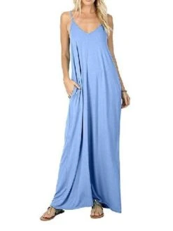 Women's Long Dress Maxi Dress Light Blue Wine Colorful Blue Sleeveless Pure Color Spring Summer S M L XL XXL -HAYz Clothing Shop yncgax1609126789034