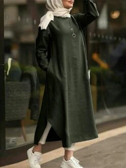Women's Casual Dress Cotton Linen Dress Abaya Maxi Long Dress Linen / Cotton Blend Classic Casual Outdoor Daily Vacation Crew Neck Pocket Split Long Sleeve Spring Fall Winter 2023 Loose Fit ArmyGreen -HAYz Clothing Shop ynkirx1692340970494