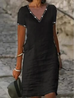 Women's Casual Dress Cotton Linen Dress Shift Dress Midi Dress Cotton Blend Basic Modern Outdoor Daily Vacation V Neck Beads Short Sleeve Summer Spring 2023 Regular Fit Black Plain S M L XL 2XL