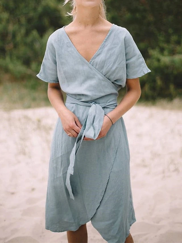 Women's Casual Dress Cotton Linen Dress Wrap Dress Midi Dress Linen / Cotton Blend Fashion Classic Style Outdoor Daily Holiday V Neck Lace Up Pocket Short Sleeve Fall Winter Autumn 2023 Loose Fit 2 Women's Casual Dress Cotton Linen Dress Wrap Dress Midi Dress Linen / Cotton Blend Fashion Classic Style Outdoor Daily Holiday V Neck Lace Up Pocket Short Sleeve Fall Winter Autumn 2023 Loose Fit - Image 2