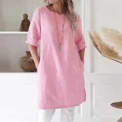 Women's Cotton Linen Dress A Line Dress Mini Dress Cotton Cotton Blend Casual Comfort Home Split Neck Pocket Rolled Cuff Half Sleeve Summer Spring Loose Fit Pink Light Blue Gray Pure Color S M L XL -HAYz Clothing Shop yobgze1651741056171