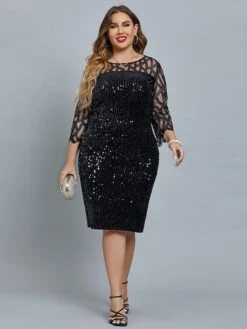 Women's Plus Size Curve Party Dress Solid Color Crew Neck Sequins 3/4 Length Sleeve Spring Fall Sequins Prom Dress Midi Dress Formal Party Dress / Sequin Dress / Mesh -HAYz Clothing Shop yoeqcy1666148787920