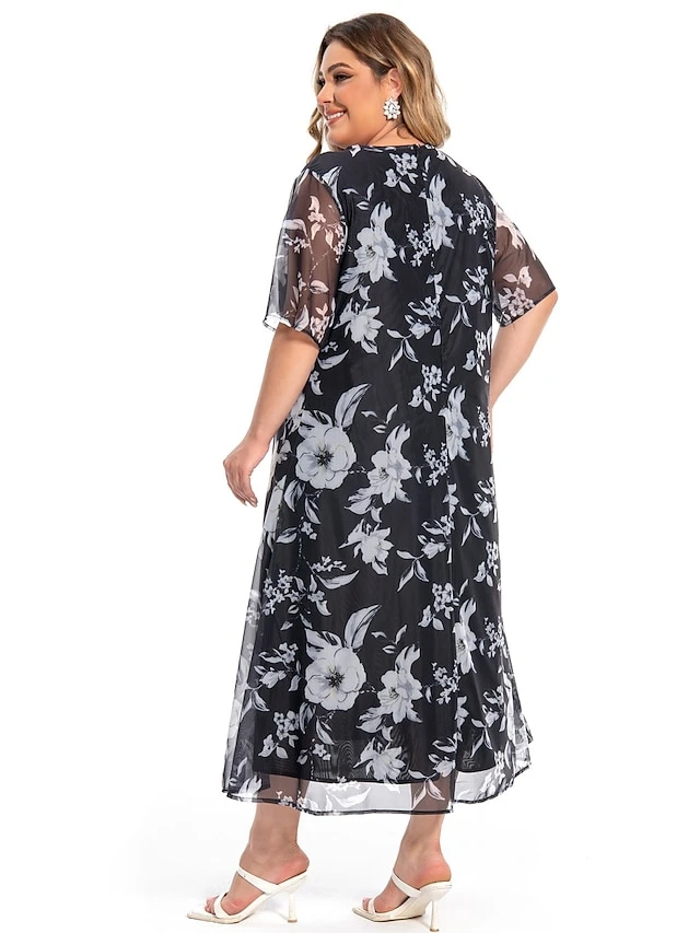 Women‘s Plus Size Curve Casual Dress Lace Dress Dress Set Floral Midi Dress 3/4 Length Sleeve Print Crew Neck Fashion Office Black Summer Spring L XL XXL 3XL 4XL 5 Women‘s Plus Size Curve Casual Dress Lace Dress Dress Set Floral Midi Dress 3/4 Length Sleeve Print Crew Neck Fashion Office Black Summer Spring L XL XXL 3XL 4XL - Image 5