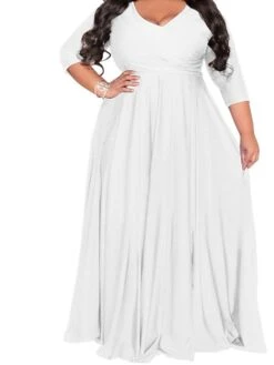 Women‘s Plus Size Curve Party Dress Solid Color V Neck Ruched Long Sleeve Winter Fall Stylish Elegant Maxi Long Dress Formal Party Dress -HAYz Clothing Shop yokxex1661850483114