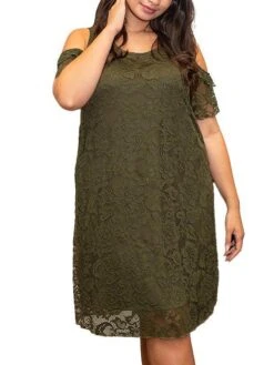 Women's Plus Size Curve Casual Dress Lace Dress A Line Dress Plain Mini Dress Short Sleeve Lace Patchwork V Neck Fashion Outdoor ArmyGreen Blue Fall Winter XL XXL 3XL 4XL -HAYz Clothing Shop yombxh1695025628581