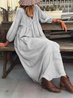 Women's Cotton Linen Dress Casual Dress Swing Dress Maxi Long Dress Cotton Blend Basic Casual Outdoor Daily V Neck Ruched Long Sleeve Summer Spring Fall 2023 Regular Fit Pink Sky Blue Gray Pure Color -HAYz Clothing Shop yowxxp1678327485893