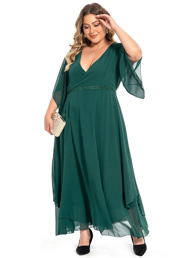 Women‘s Plus Size Curve Casual Dress Swing Dress Plain Long Dress Maxi Dress 3/4 Length Sleeve Layered V Neck Basic Outdoor Dark Green Summer Spring L XL XXL 3XL 4XL 2 Women‘s Plus Size Curve Casual Dress Swing Dress Plain Long Dress Maxi Dress 3/4 Length Sleeve Layered V Neck Basic Outdoor Dark Green Summer Spring L XL XXL 3XL 4XL - Image 2