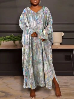 Women's Plus Size Curve Casual Dress Sweatshirt Dress Winter Dress Gradient Marbling Long Dress Maxi Dress Long Sleeve Split Print V Neck Fashion Outdoor Silver Yellow Fall Winter L XL XXL 3XL 4XL -HAYz Clothing Shop ypfvrp1693386581959