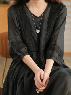 Women's Casual Dress Cotton Linen Dress Swing Dress Midi Dress Cotton Blend Basic Casual Outdoor Daily V Neck Ruched 3/4 Length Sleeve Summer Spring 2023 Loose Fit Black White Yellow Pure Color M L -HAYz Clothing Shop yphuug1677135411193