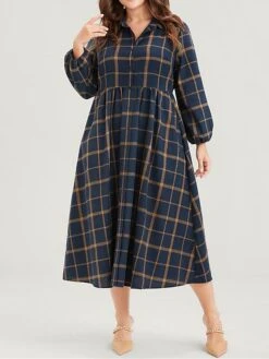 Women's Plus Size Curve Shirt Dress Casual Dress Swing Dress Plaid Midi Dress Long Sleeve Button Pocket Shirt Collar Fashion Outdoor Dark Blue Fall Winter L XL 2XL 3XL 4XL -HAYz Clothing Shop ypjcyu1697164654025