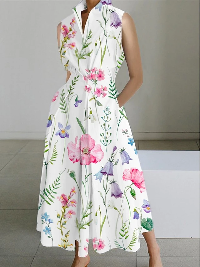 Women's Shirt Dress Casual Dress Maxi Long Dress Outdoor Office Business Polyester Fashion Modern Shirt Collar Button Pocket Sleeveless Summer Spring 2023 Regular Fit White Pink Blue Floral S M L XL 4 Women's Shirt Dress Casual Dress Maxi Long Dress Outdoor Office Business Polyester Fashion Modern Shirt Collar Button Pocket Sleeveless Summer Spring 2023 Regular Fit White Pink Blue Floral S M L XL - Image 4