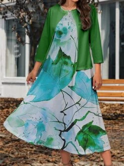 Women's Two Piece Dress Set Casual Dress Swing Dress Outdoor Office Fashion Streetwear Print Midi Dress Crew Neck 3/4 Length Sleeve Leaf Regular Fit Yellow Green Gray Fall Winter S M L XL XXL -HAYz Clothing Shop ypokzc1697782997327