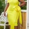 Women's Plus Size Curve Party Dress Cocktail Dress Bodycon Plain Midi Dress Short Sleeve Ruffle Bow One Shoulder Fashion Party Yellow Pink Fall Winter XL XXL 3XL 4XL