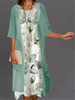 Women's Two Piece Dress Set Casual Dress Print Dress Outdoor Daily Fashion Elegant Print Midi Dress Crew Neck 3/4 Length Sleeve Floral Ombre Loose Fit White Light Green Blue Summer Spring S M L XL XXL -HAYz Clothing Shop ypyanh1689736458298