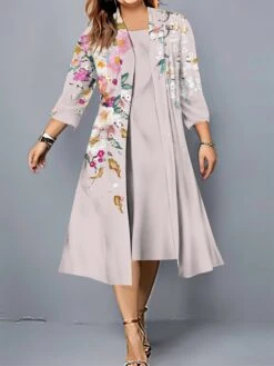 Women's Plus Size Two Piece Dress Set Casual Dress Swing Dress Outdoor Office Fashion Streetwear Print Midi Dress Crew Neck 3/4 Length Sleeve Floral Regular Fit White Pink Dark Pink Fall Winter L XL -HAYz Clothing Shop yqgtex1697089228072