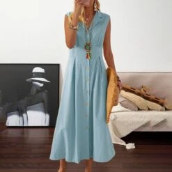 Women's Cotton Linen Dress Casual Dress Swing Dress Midi Dress Black White Yellow Sleeveless Pure Color Button Summer Spring Shirt Collar Fashion Vacation Loose Fit 2023 S M L XL XXL 3XL -HAYz Clothing Shop yqiyrt1649243398831