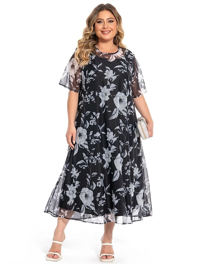 Women‘s Plus Size Curve Casual Dress Lace Dress Dress Set Floral Midi Dress 3/4 Length Sleeve Print Crew Neck Fashion Office Black Summer Spring L XL XXL 3XL 4XL 8 Women‘s Plus Size Curve Casual Dress Lace Dress Dress Set Floral Midi Dress 3/4 Length Sleeve Print Crew Neck Fashion Office Black Summer Spring L XL XXL 3XL 4XL - Image 8