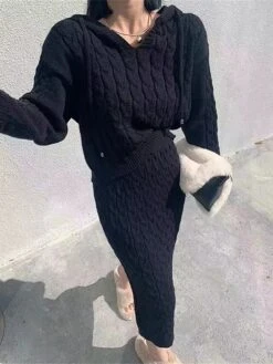 Women's Two Piece Dress Set Casual Dress Skirt Set Outdoor Daily Fashion Streetwear Patchwork Midi Dress Hooded Long Sleeve Plain Loose Fit Black Khaki Apricot Fall Winter One-Size -HAYz Clothing Shop yqpkxh1695722090066