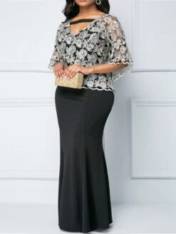 Women‘s Plus Size Curve Easter Dress Party Dress Solid Color V Neck Lace Half Sleeve Fall Spring Dress Elegant Prom Dress Maxi Dress Formal Dress -HAYz Clothing Shop yquzou1640073826984