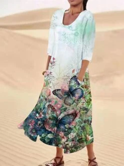 Women's Casual Dress Cotton Linen Dress Swing Dress Maxi Long Dress Polyester Fashion Casual Daily Outdoor Daily Vacation V Neck Pocket Print Long Sleeve Summer Spring Fall 2023 Loose Fit Light Green -HAYz Clothing Shop yrbiws1690540461685