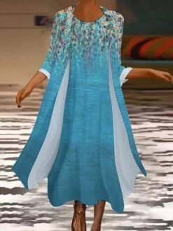 Women's Dress Set Two Piece Dress Long Dress Maxi Dress Blue Green Long Sleeve Color Block Print Summer Spring Crew Neck Vacation Winter Dress Fall Dress Loose Fit 2023 S M L XL XXL 3XL 4XL 5XL