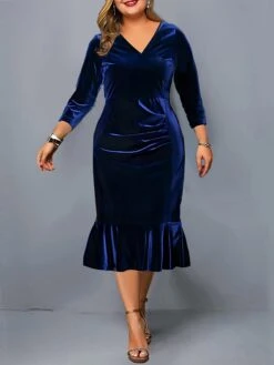 Women's Plus Size Curve Party Dress Velvet Dress Winter Dress Solid Color Midi Dress Long Sleeve Ruched V Neck Fashion Party Black Wine Fall Winter L XL XXL 3XL 4XL -HAYz Clothing Shop yrnvfj1694591780917