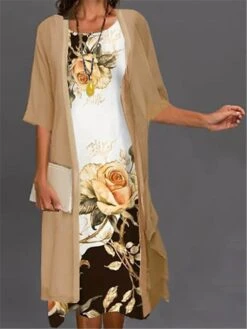 Women's Two Piece Dress Set Casual Dress Print Dress Outdoor Daily Fashion Elegant Print Midi Dress Crew Neck 3/4 Length Sleeve Floral Ombre Loose Fit White Light Green Blue Summer Spring S M L XL XXL -HAYz Clothing Shop yrrkav1689736458726