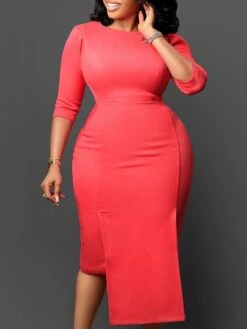 Women‘s Plus Size Curve Work Dress Bodycon Sheath Dress Solid Color Midi Dress 3/4 Length Sleeve Crew Neck Fashion Office White Pink Summer Spring L XL XXL 3XL -HAYz Clothing Shop yrrwse1679550419107