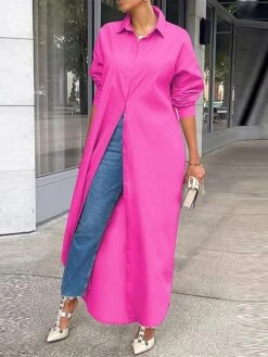 Women's Shirt Dress Casual Dress Shift Dress Maxi Long Dress Outdoor Daily Vacation Polyester Fashion Modern Shirt Collar Button Split Long Sleeve Summer Spring Fall 2023 Loose Fit White Blue Green -HAYz Clothing Shop yrsstv1689847491053