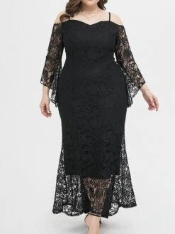 Women's Plus Size Prom Dress Party Dress Lace Dress Long Dress Maxi Dress Black Pink Wine Long Sleeve Pure Color Lace Spring Fall Winter Cold Shoulder Fashion Wedding Guest Birthday Evening Party 2023 -HAYz Clothing Shop yrszod1693535467046