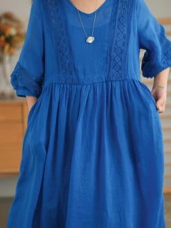 Women's Casual Dress Cotton Linen Dress Swing Dress Midi Dress Cotton Blend Basic Casual Outdoor Daily V Neck Ruched 3/4 Length Sleeve Summer Spring 2023 Loose Fit Black White Yellow Pure Color M L -HAYz Clothing Shop yrzank1677135420332